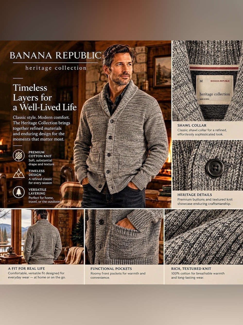 Banana Republic Cotton Shawl-Collar Cardigan Sweater Gray Medium